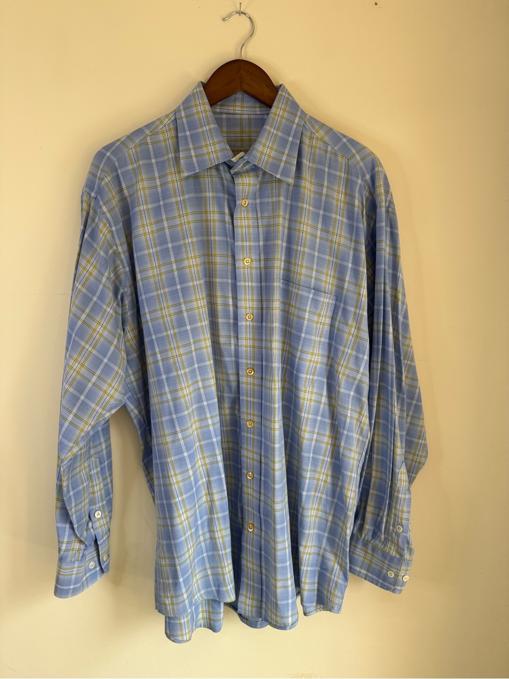 Burberry Light Blue Plaid Button-Down Shirt with Yellow Accents